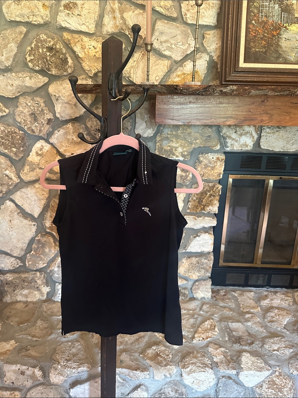 Women's Black Sleeveless Polo Tank with Embroidered Detail